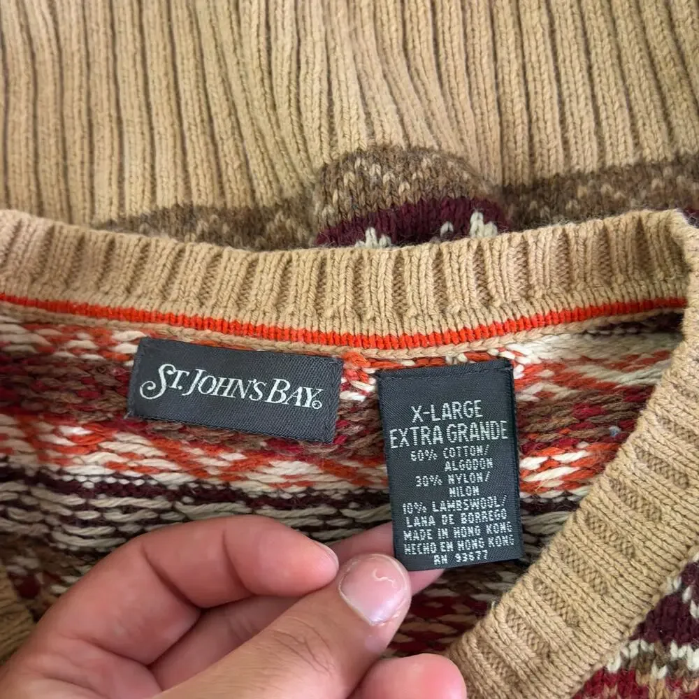Vtg Y2K 2000s Orange Stipe Pullover Wool Sweater XL Nordic Fair Isle Knit